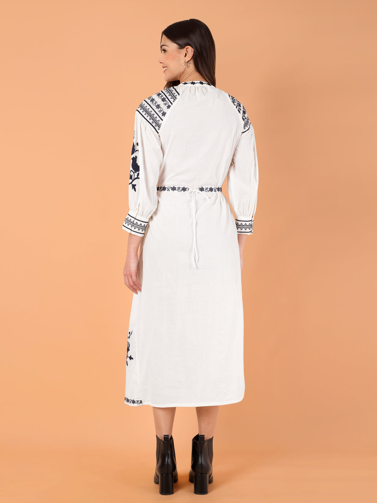 VASVI Women Cotton Embroidered A-line Dress, White