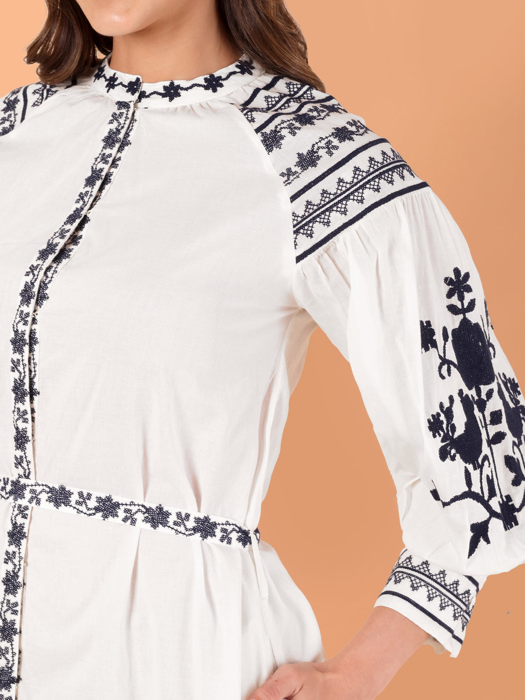 VASVI Women Cotton Embroidered A-line Dress, White