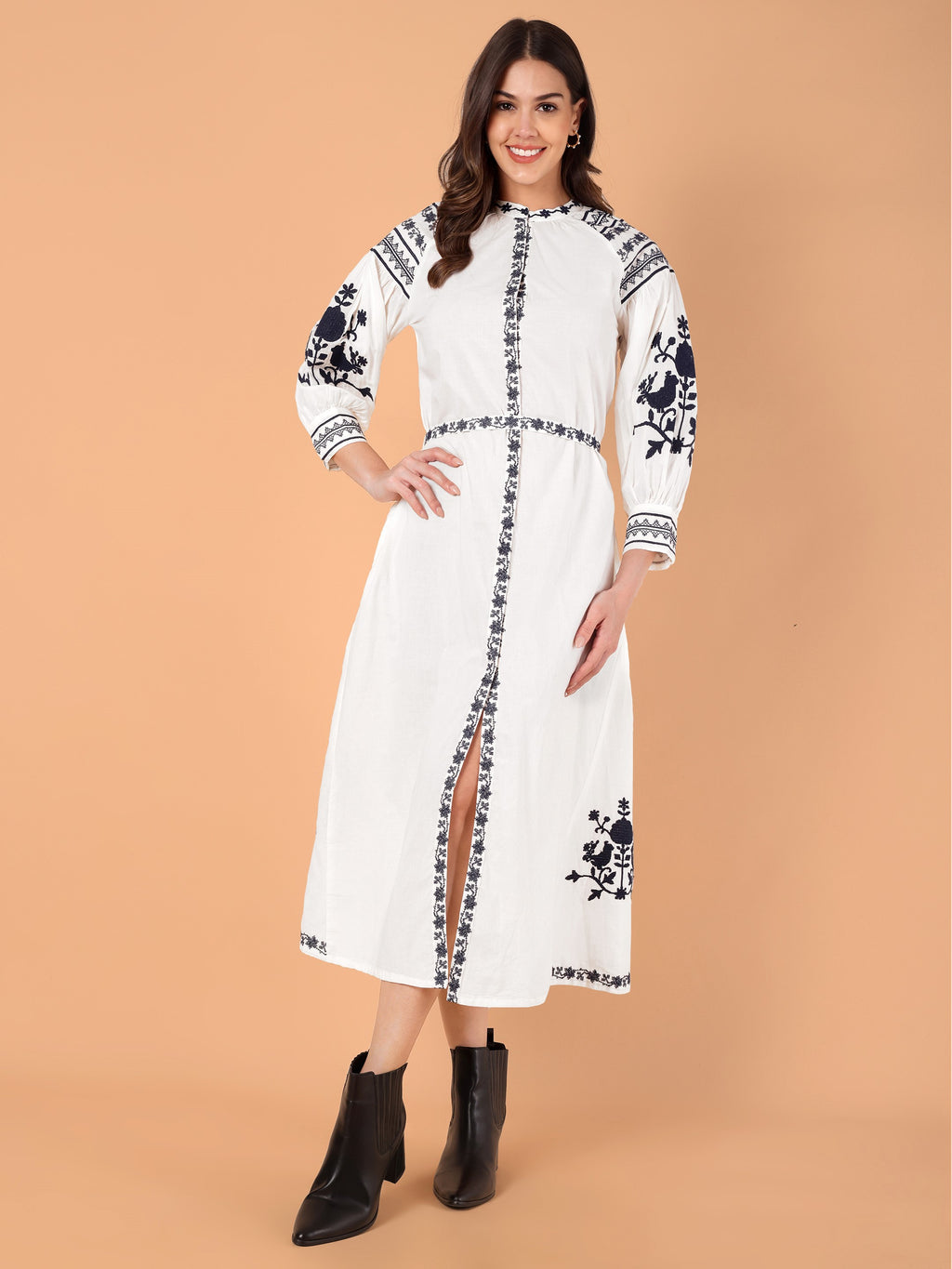 VASVI Women Cotton Embroidered A-line Dress, White