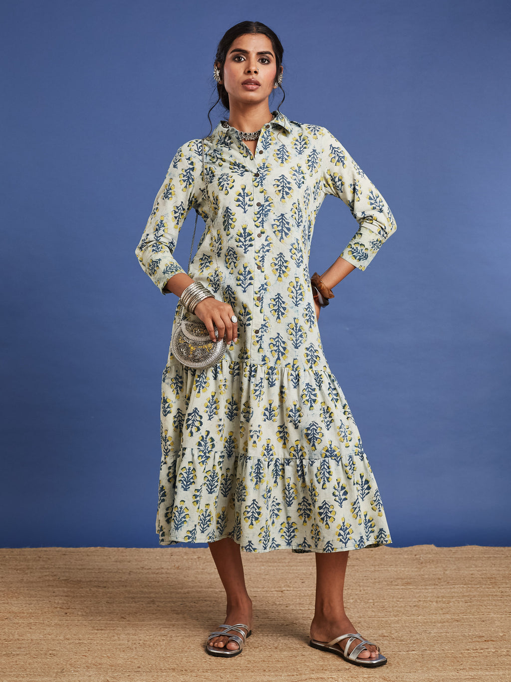 VASVI Women Cotton Hand Block Printed Flared Dress, Grey