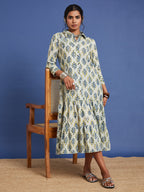 VASVI Women Cotton Hand Block Printed Flared Dress, Grey