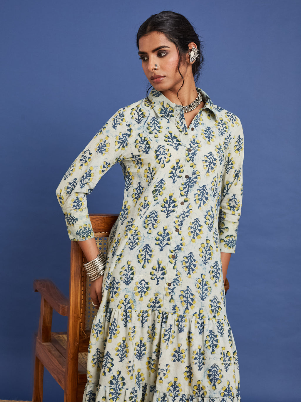 VASVI Women Cotton Hand Block Printed Flared Dress, Grey