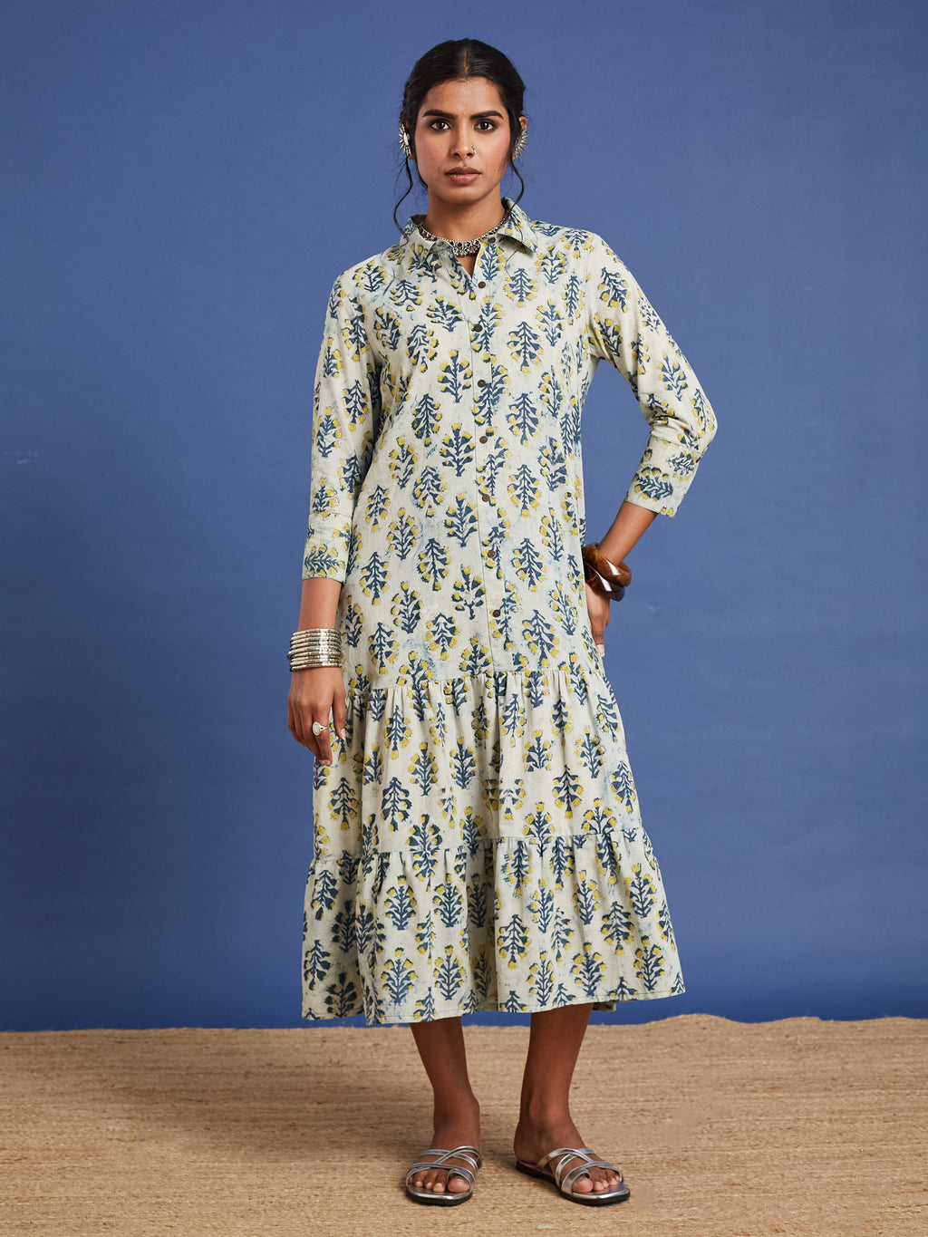 VASVI Women Cotton Hand Block Printed Flared Dress, Grey