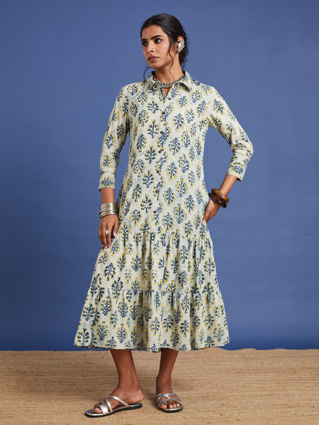VASVI Women Cotton Hand Block Printed Flared Dress, Grey