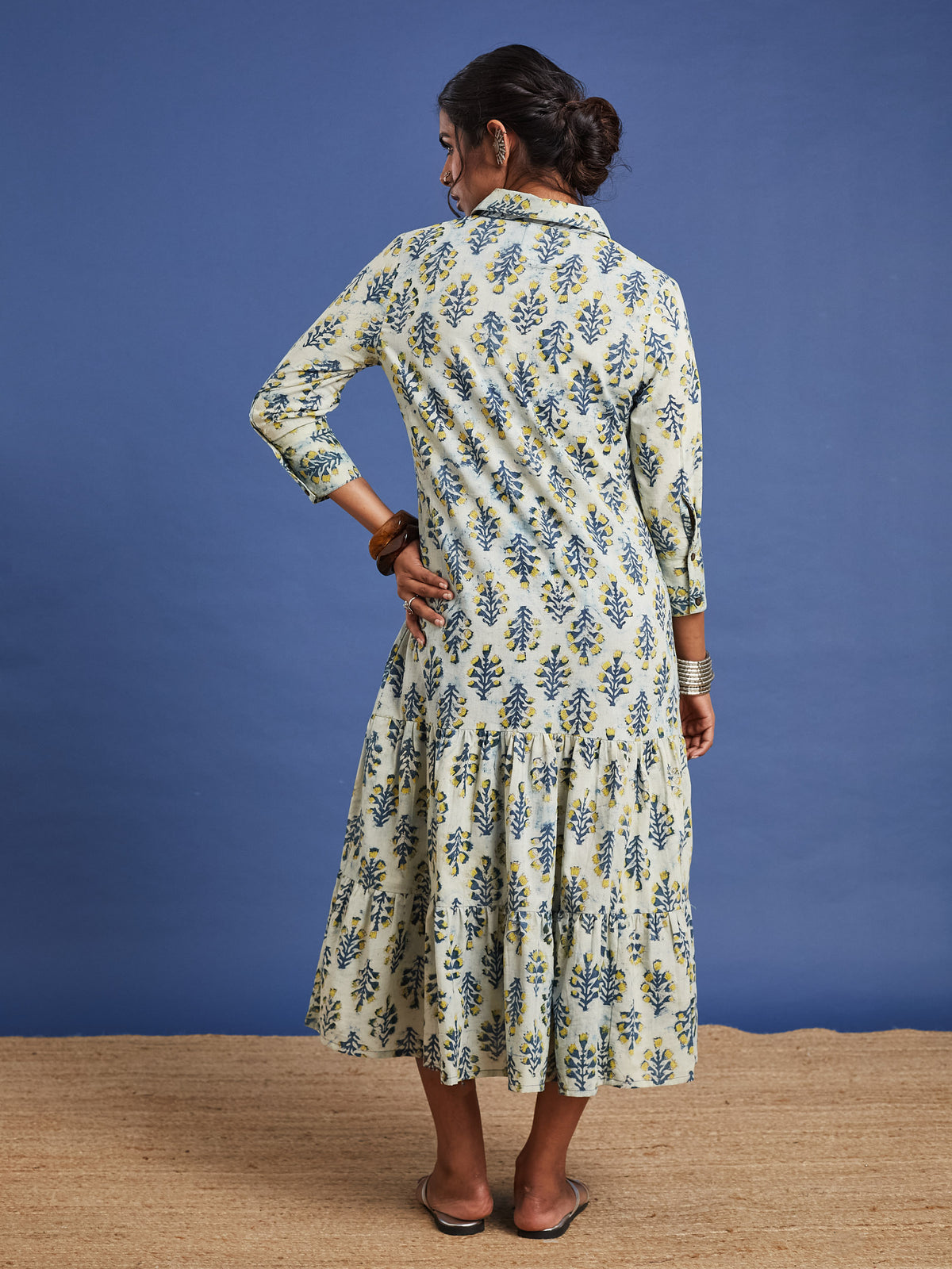 VASVI Women Cotton Hand Block Printed Flared Dress, Grey