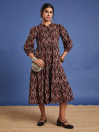 VASVI Women Cotton Hand Block Printed Flared Dress, Rust