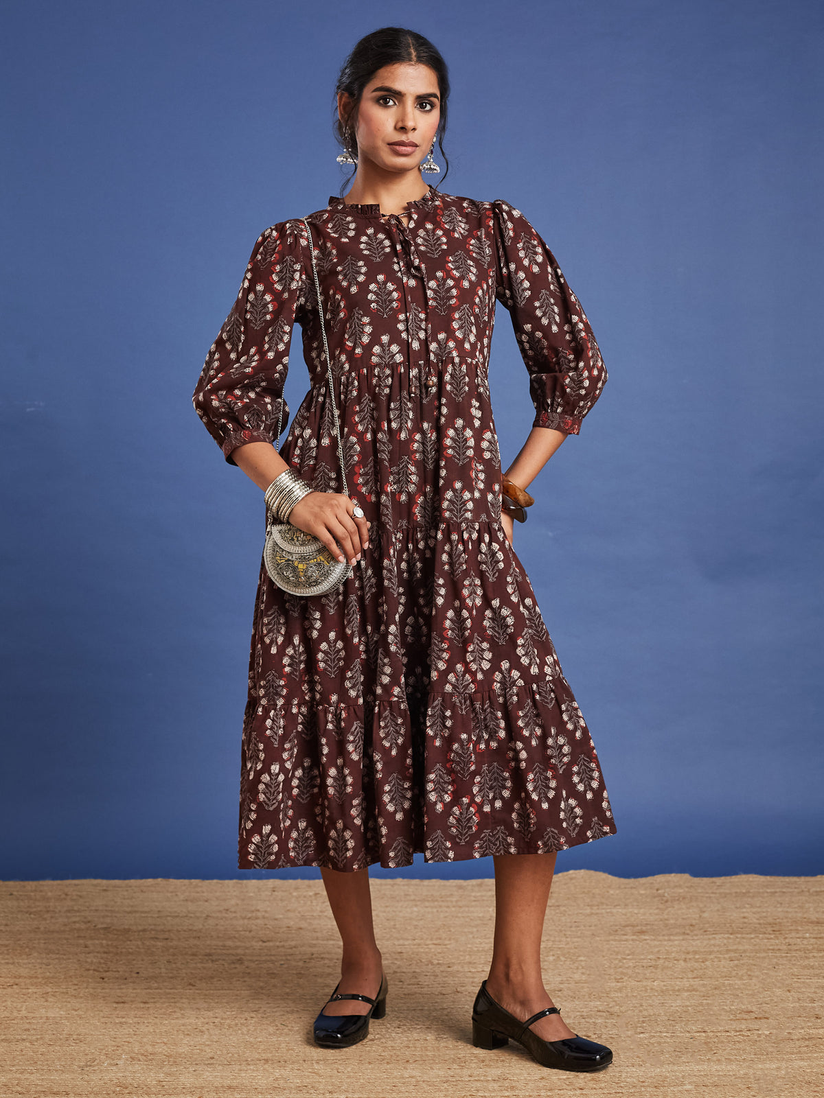 VASVI Women Cotton Hand Block Printed Flared Dress, Rust