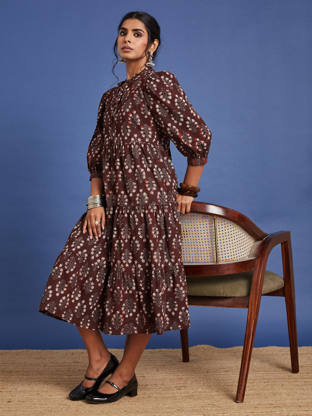 VASVI Women Cotton Hand Block Printed Flared Dress, Rust