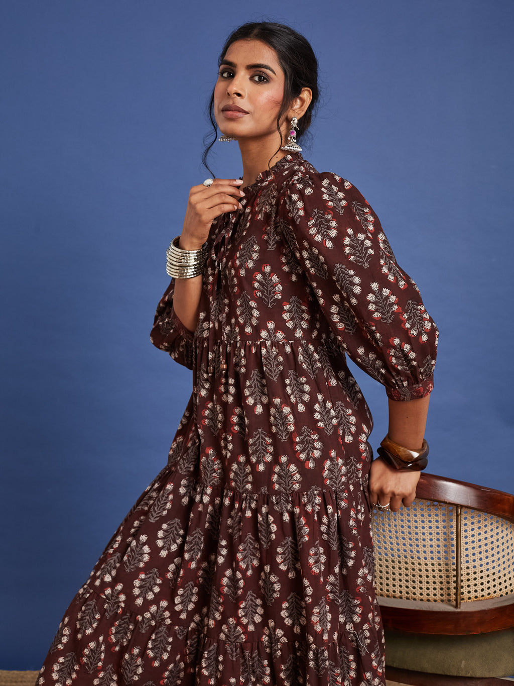 VASVI Women Cotton Hand Block Printed Flared Dress, Rust