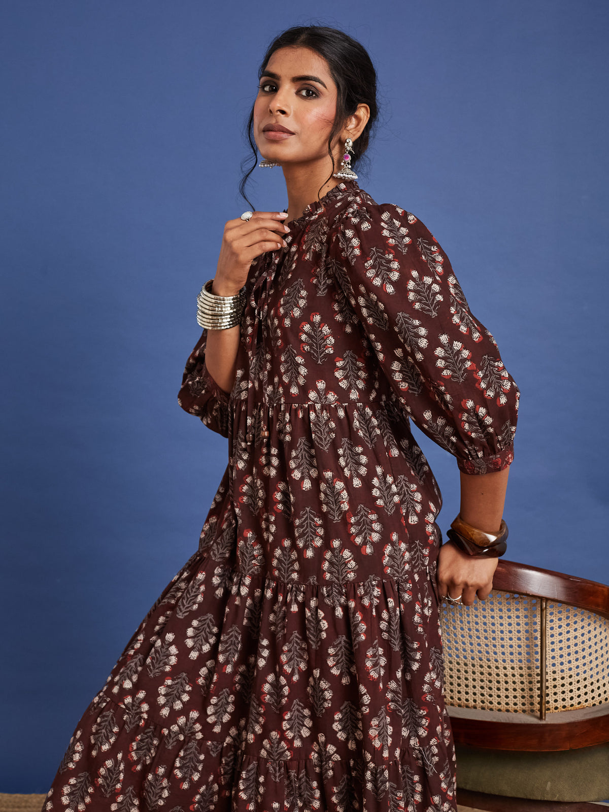 VASVI Women Cotton Hand Block Printed Flared Dress, Rust