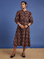 VASVI Women Cotton Hand Block Printed Flared Dress, Rust