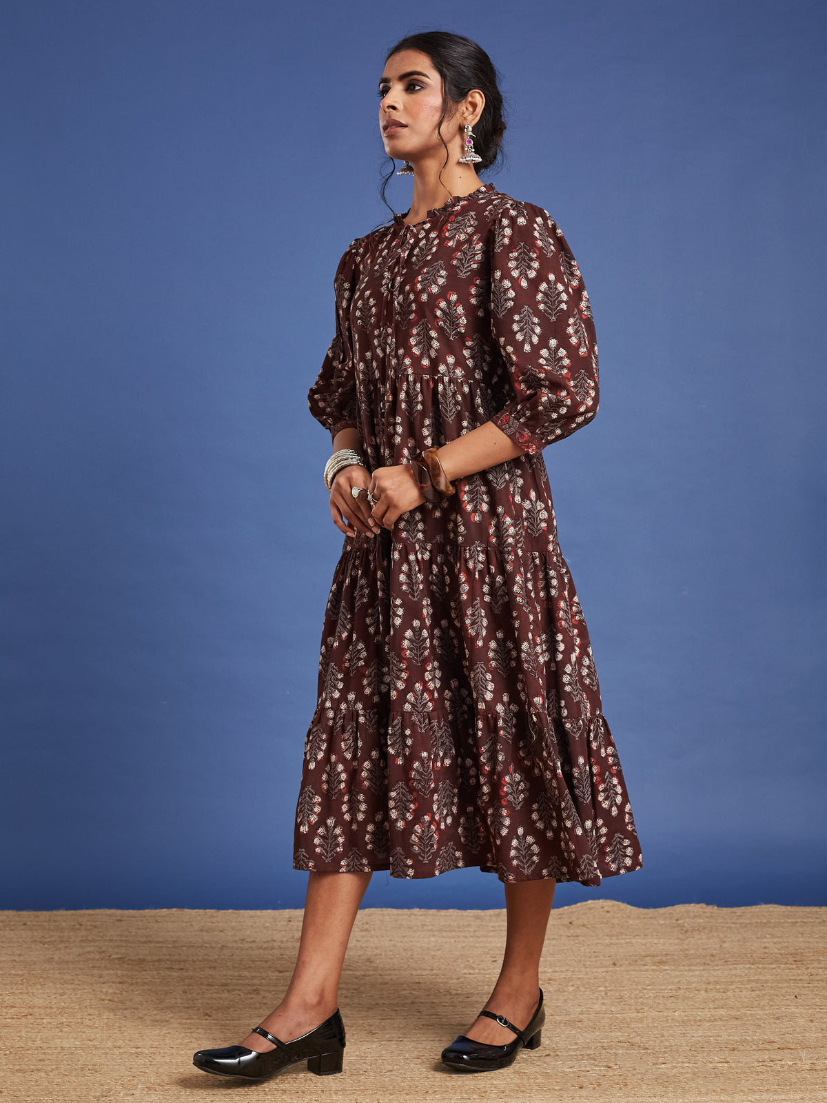 VASVI Women Cotton Hand Block Printed Flared Dress, Rust