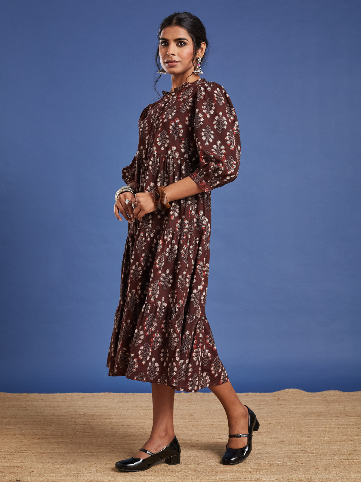 VASVI Women Cotton Hand Block Printed Flared Dress, Rust