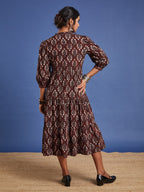 VASVI Women Cotton Hand Block Printed Flared Dress, Rust
