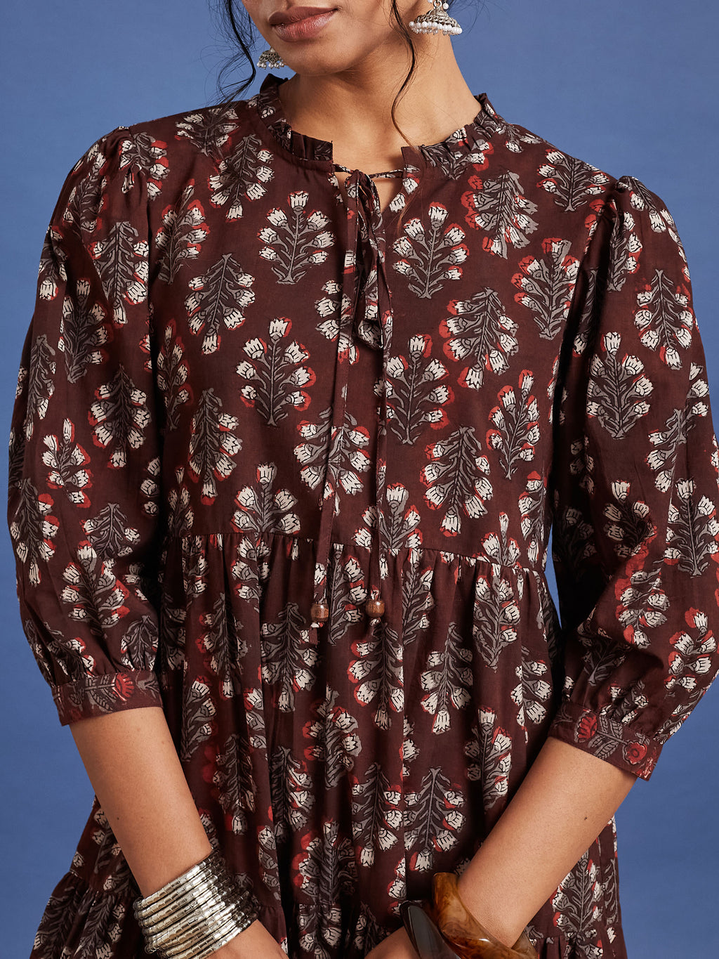 VASVI Women Cotton Hand Block Printed Flared Dress, Rust