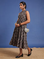 VASVI Women Cotton Bagru Printed Flared Dress, Black