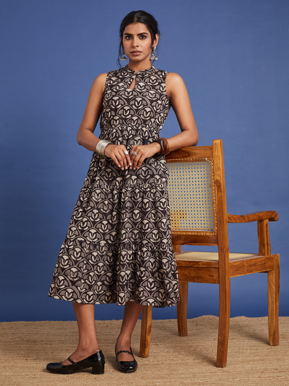 VASVI Women Cotton Bagru Printed Flared Dress, Black