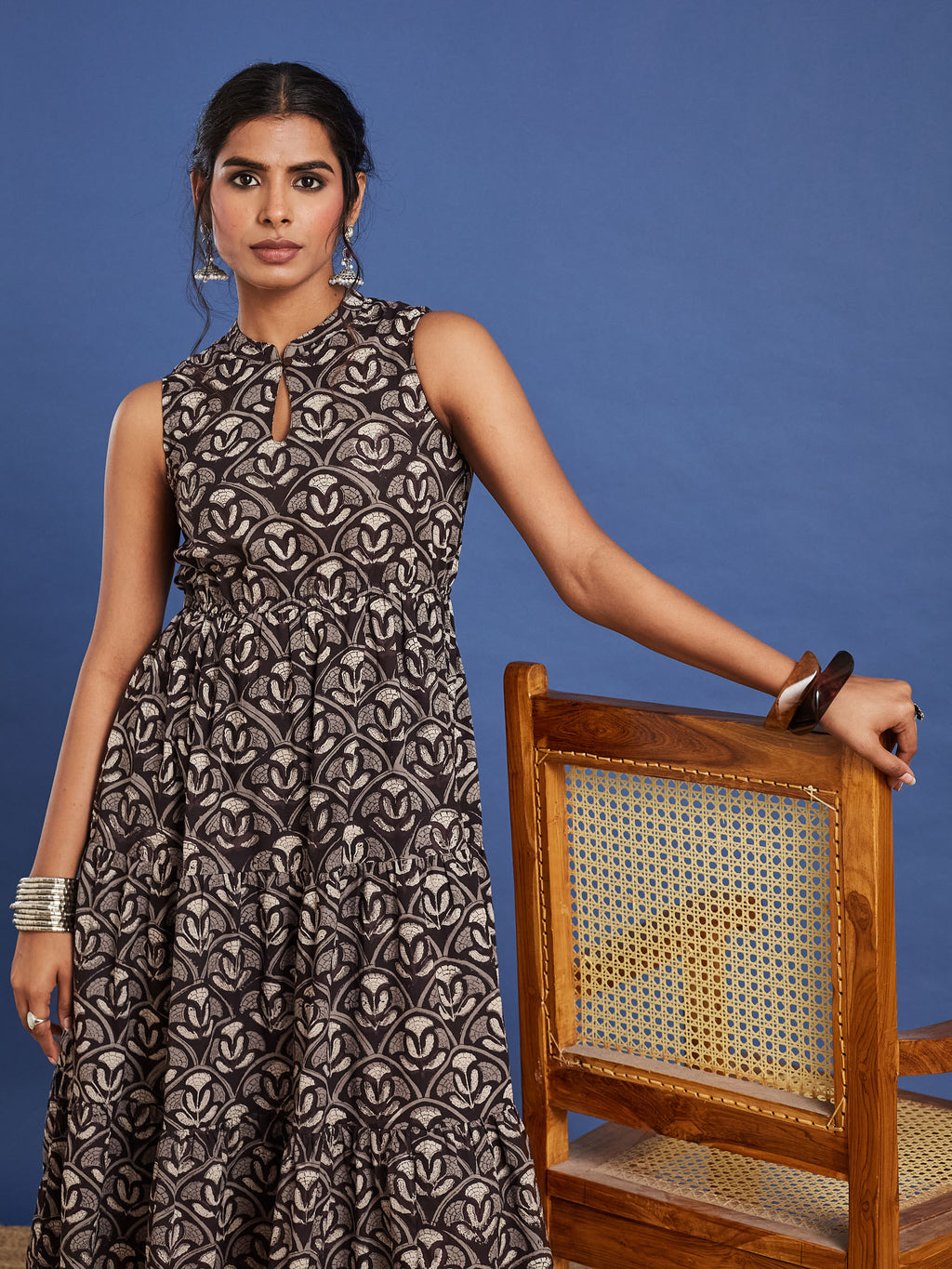 VASVI Women Cotton Bagru Printed Flared Dress, Black
