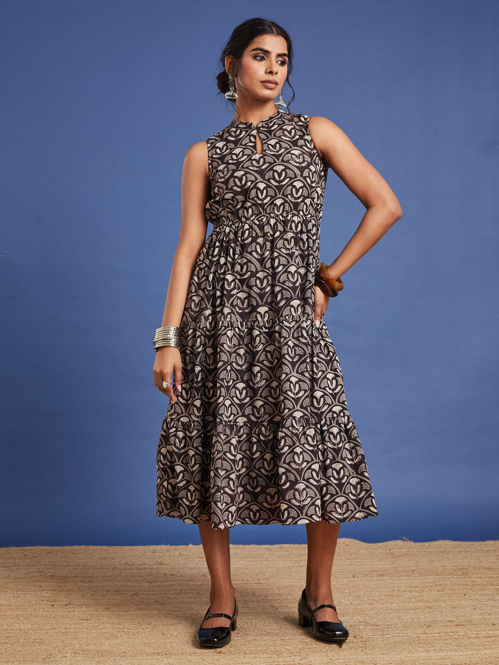 VASVI Women Cotton Bagru Printed Flared Dress, Black