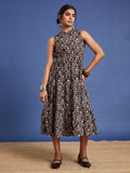 VASVI Women Cotton Bagru Printed Flared Dress, Black