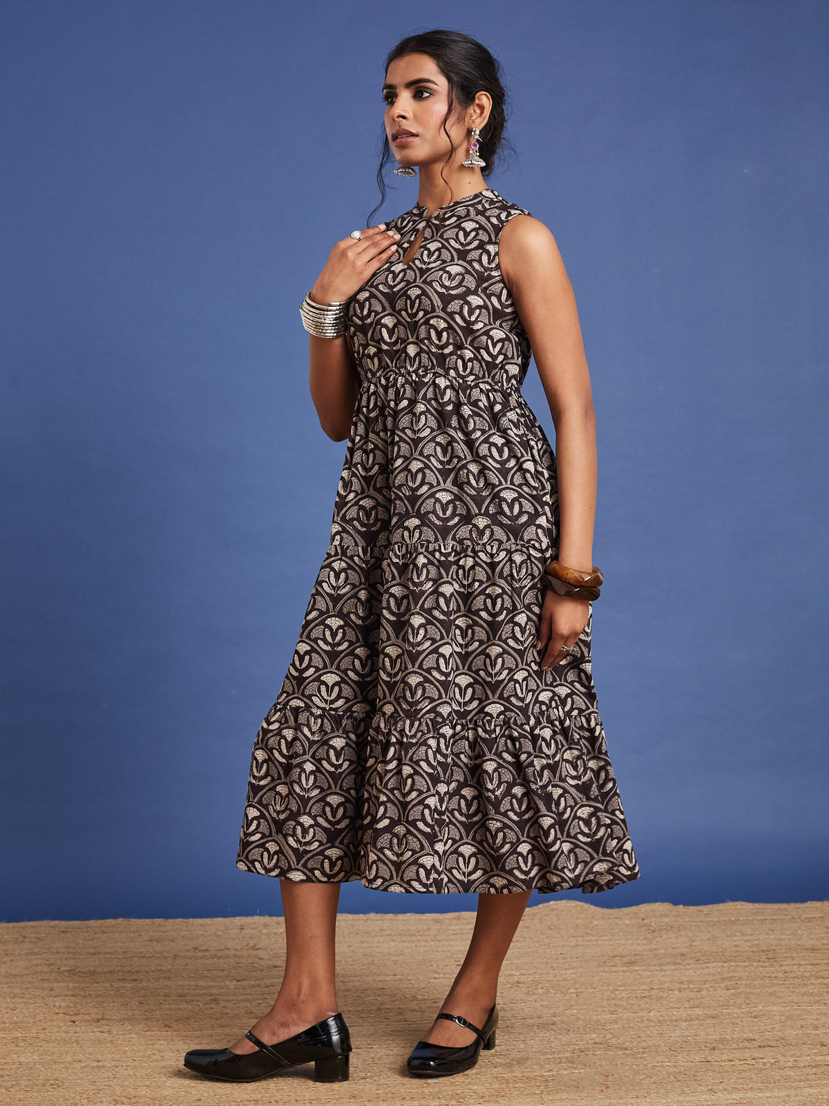 VASVI Women Cotton Bagru Printed Flared Dress, Black
