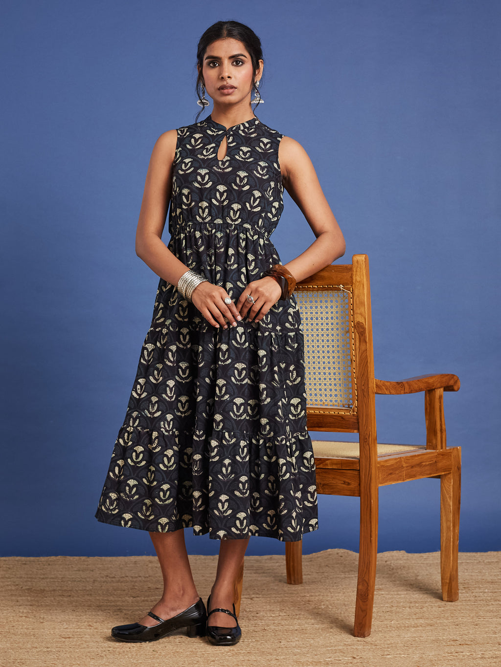 VASVI Women Cotton Bagru Printed Flared Dress, Navy Blue