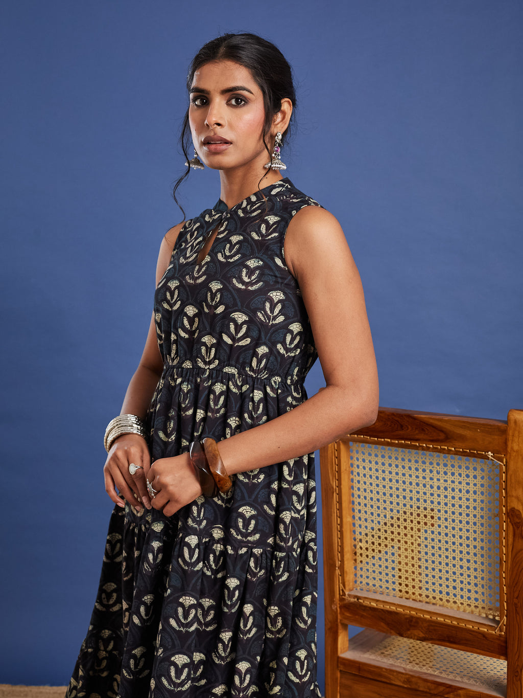 VASVI Women Cotton Bagru Printed Flared Dress, Navy Blue