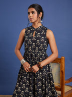 VASVI Women Cotton Bagru Printed Flared Dress, Navy Blue