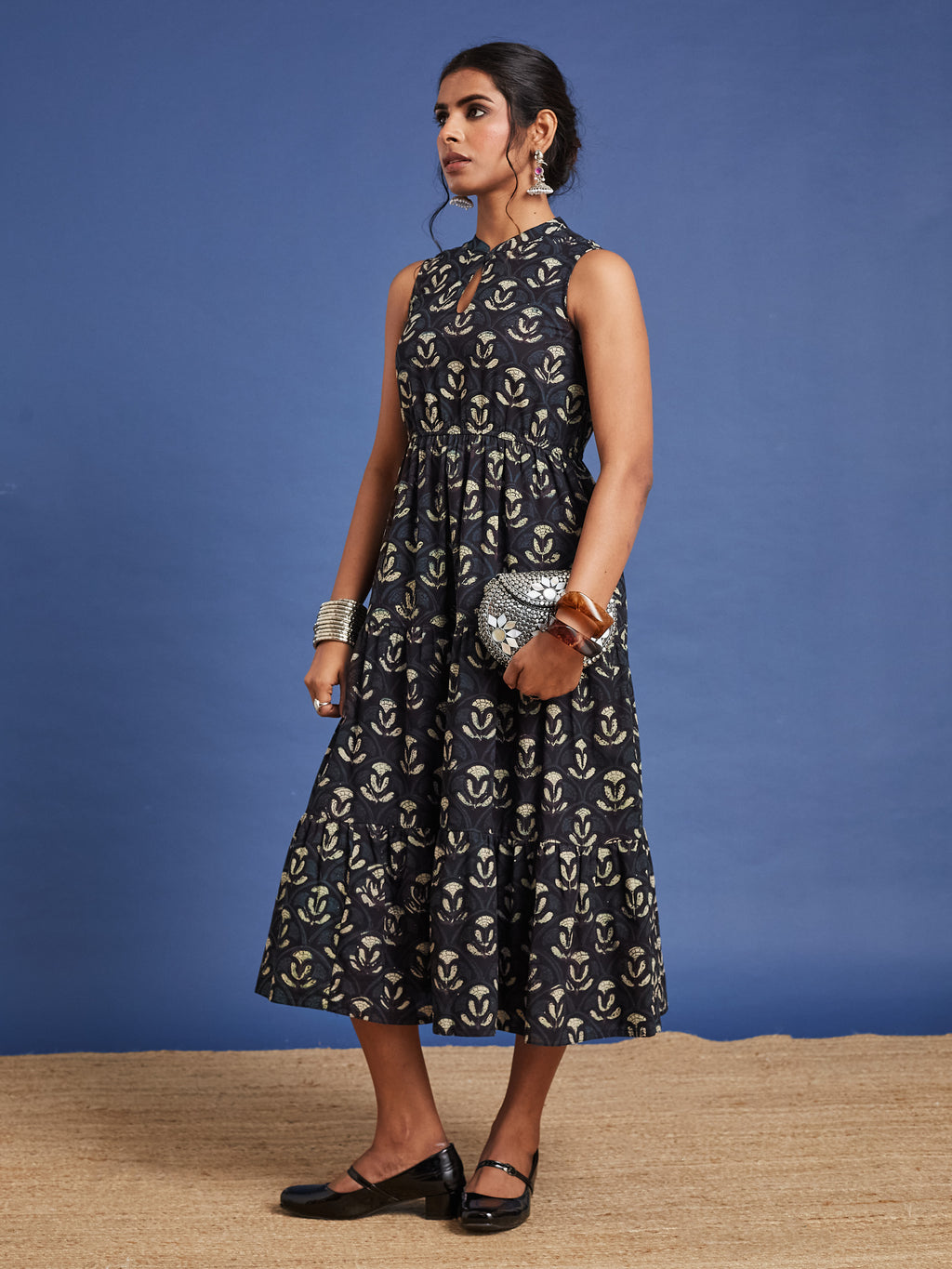 VASVI Women Cotton Bagru Printed Flared Dress, Navy Blue