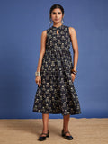 VASVI Women Cotton Bagru Printed Flared Dress, Navy Blue