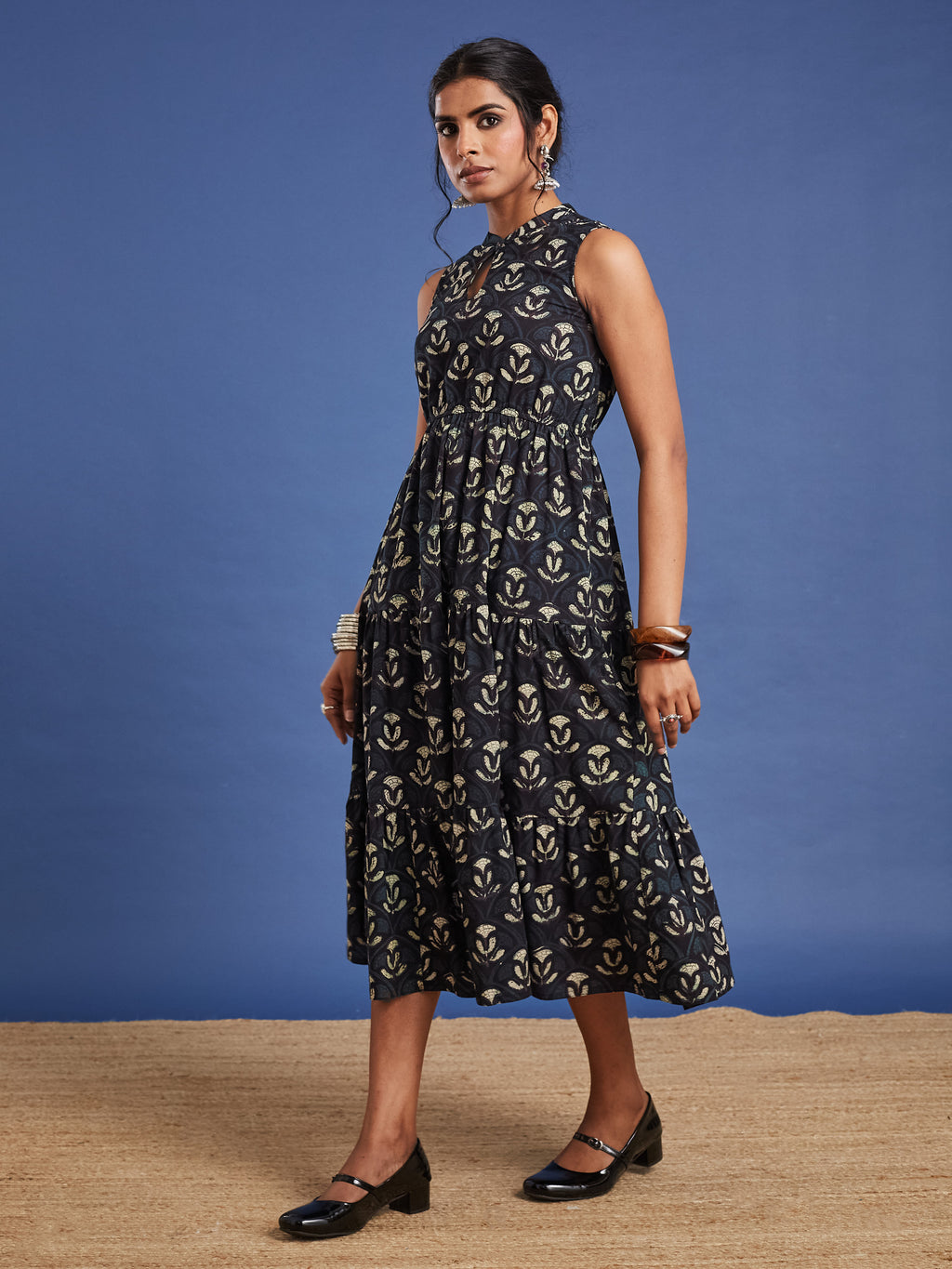 VASVI Women Cotton Bagru Printed Flared Dress, Navy Blue