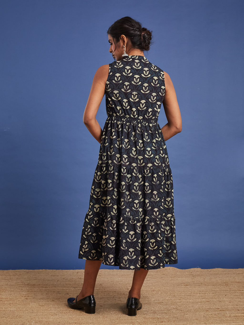 VASVI Women Cotton Bagru Printed Flared Dress, Navy Blue
