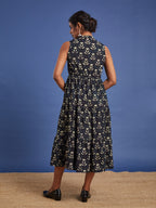 VASVI Women Cotton Bagru Printed Flared Dress, Navy Blue