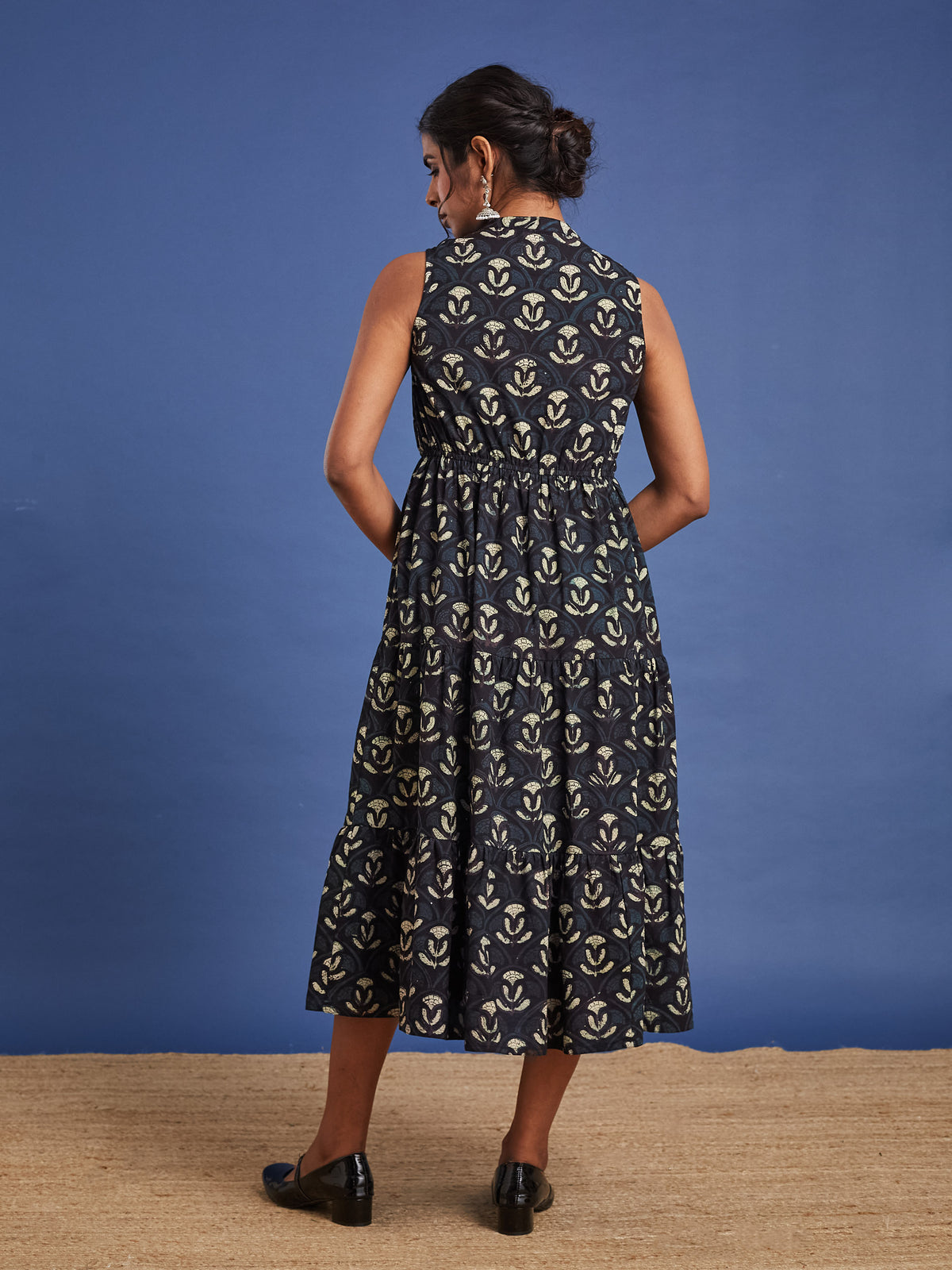 VASVI Women Cotton Bagru Printed Flared Dress, Navy Blue