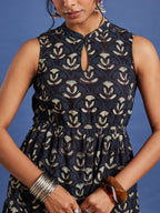 VASVI Women Cotton Bagru Printed Flared Dress, Navy Blue