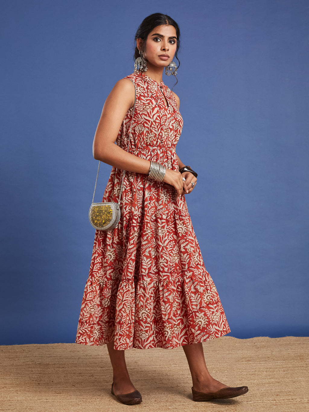 VASVI Women Cotton Bagru Printed Flared Dress, Rust