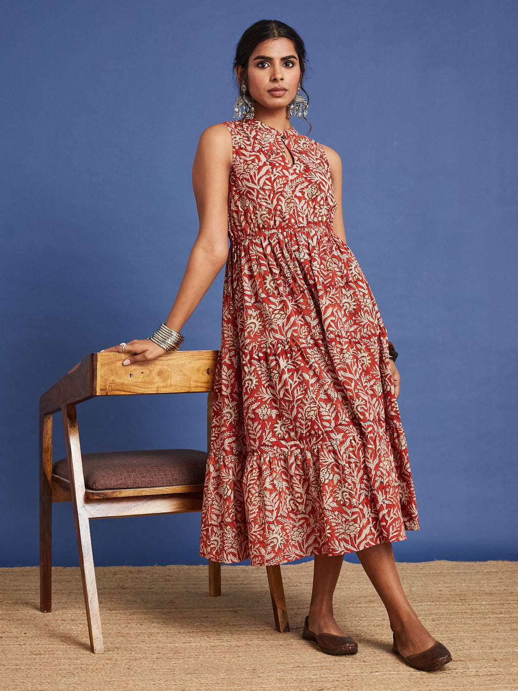VASVI Women Cotton Bagru Printed Flared Dress, Rust