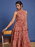 VASVI Women Cotton Bagru Printed Flared Dress, Rust
