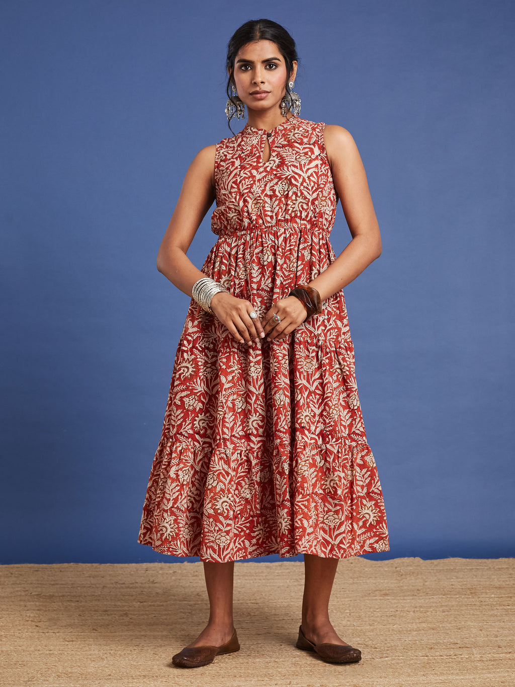 VASVI Women Cotton Bagru Printed Flared Dress, Rust