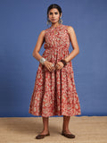 VASVI Women Cotton Bagru Printed Flared Dress, Rust