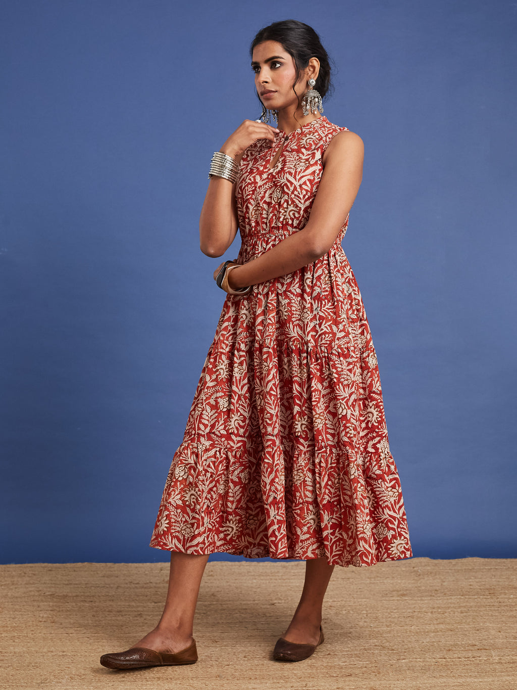 VASVI Women Cotton Bagru Printed Flared Dress, Rust