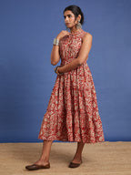 VASVI Women Cotton Bagru Printed Flared Dress, Rust