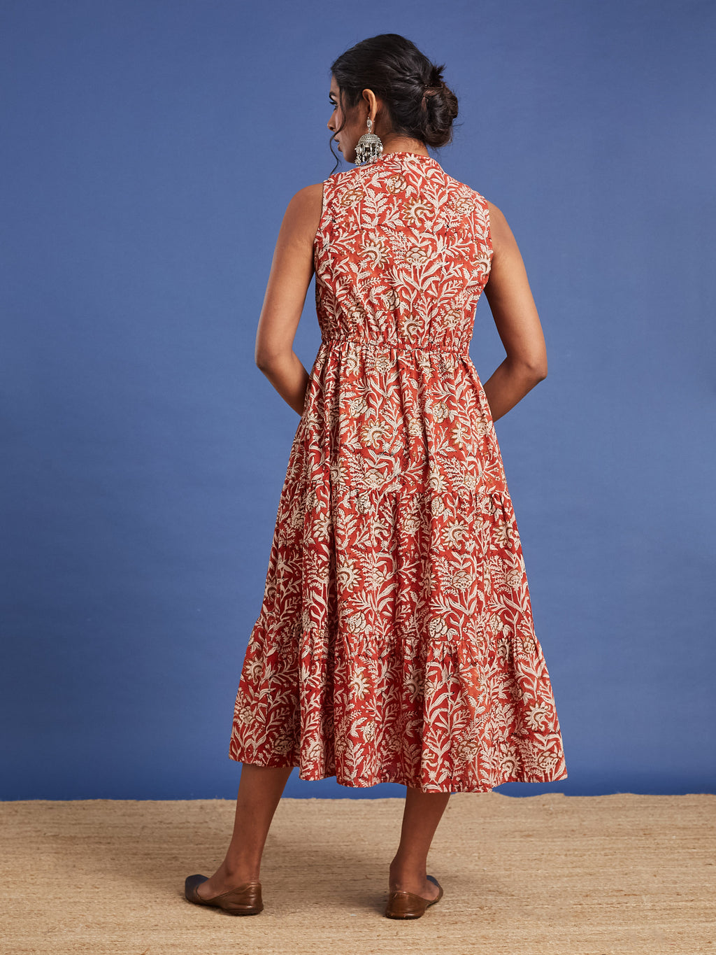 VASVI Women Cotton Bagru Printed Flared Dress, Rust