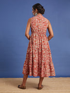 VASVI Women Cotton Bagru Printed Flared Dress, Rust