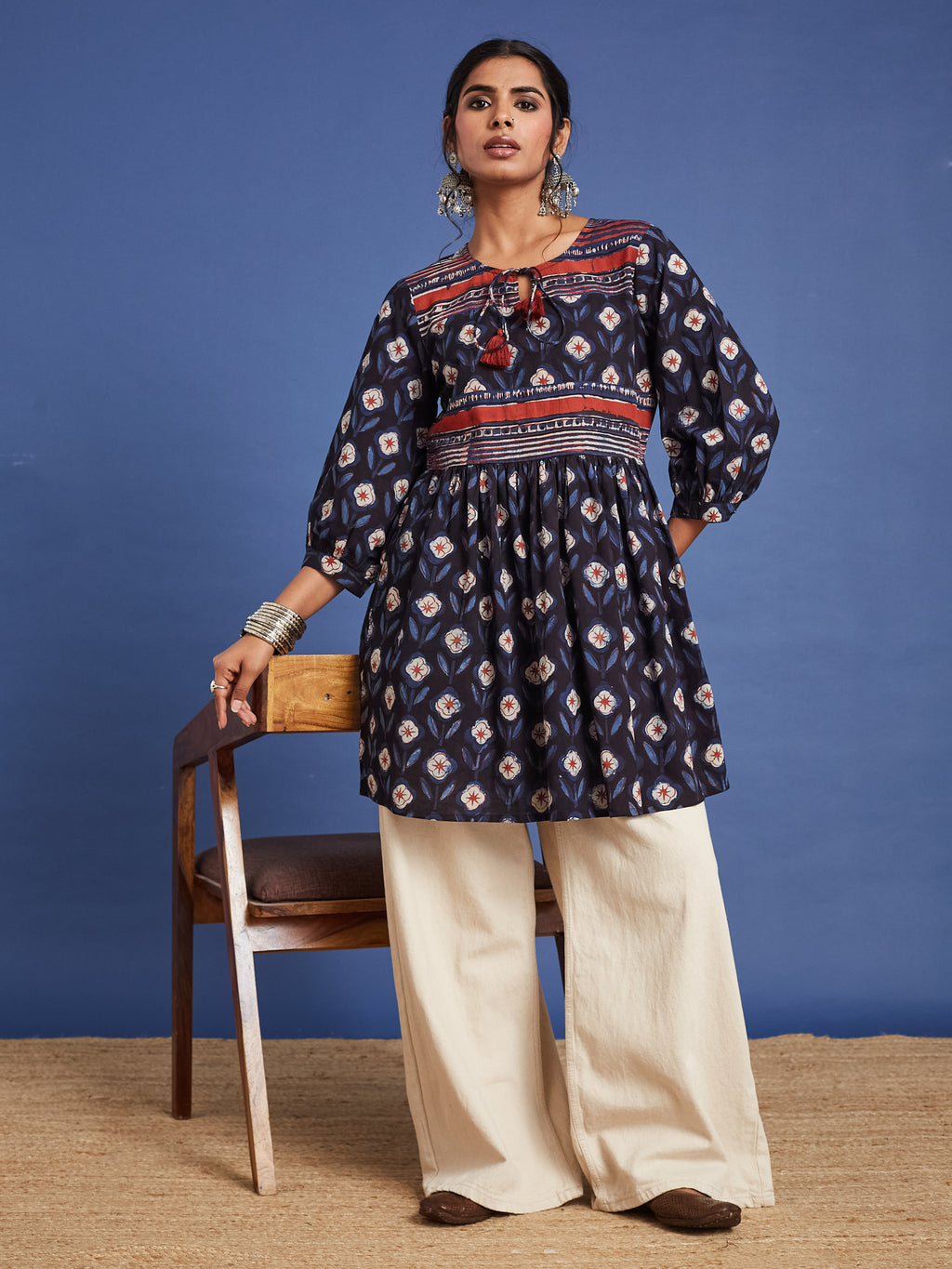 VASVI Women Cotton Block Printed Tunic, Navy Blue