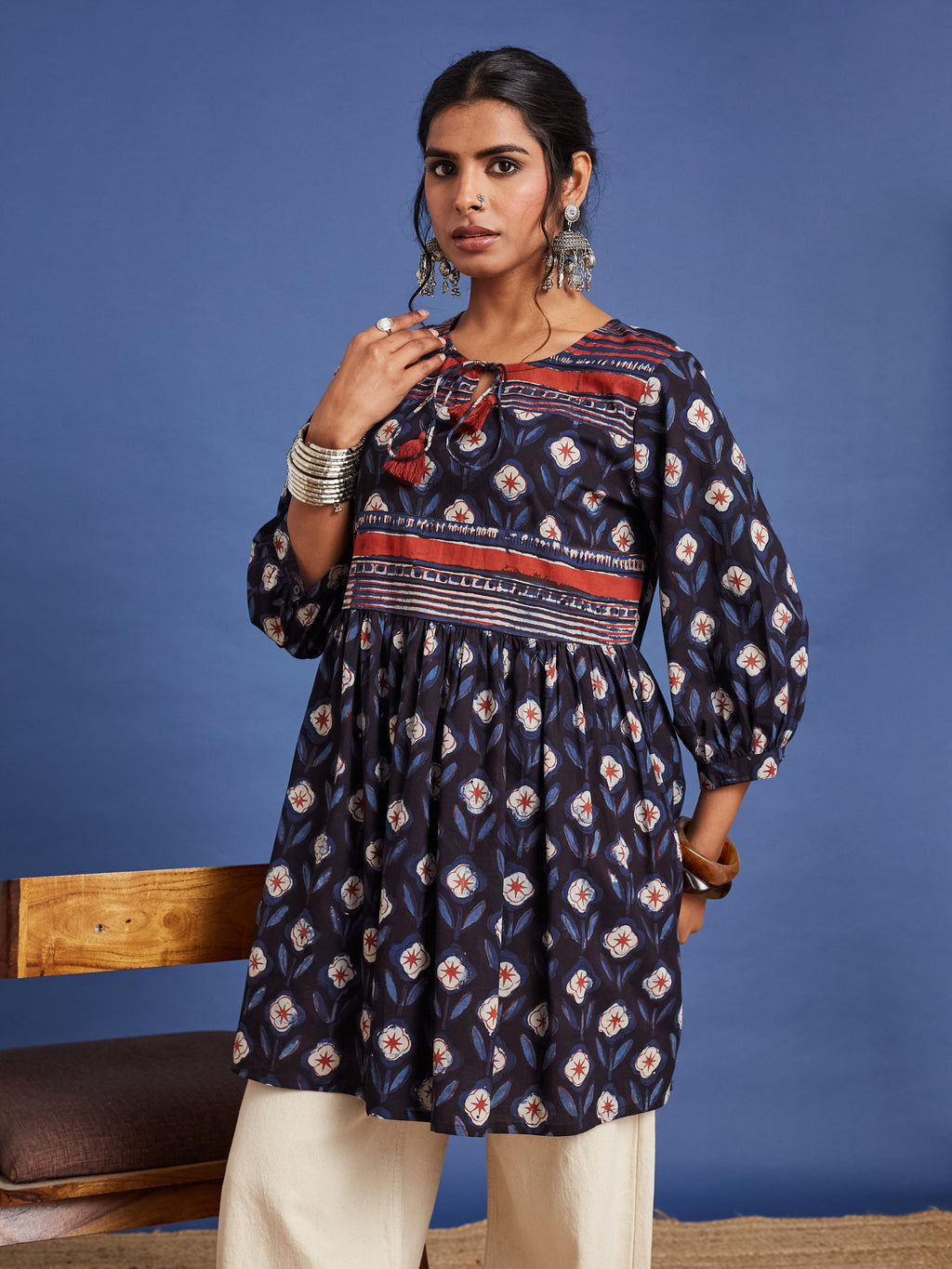 VASVI Women Cotton Block Printed Tunic, Navy Blue