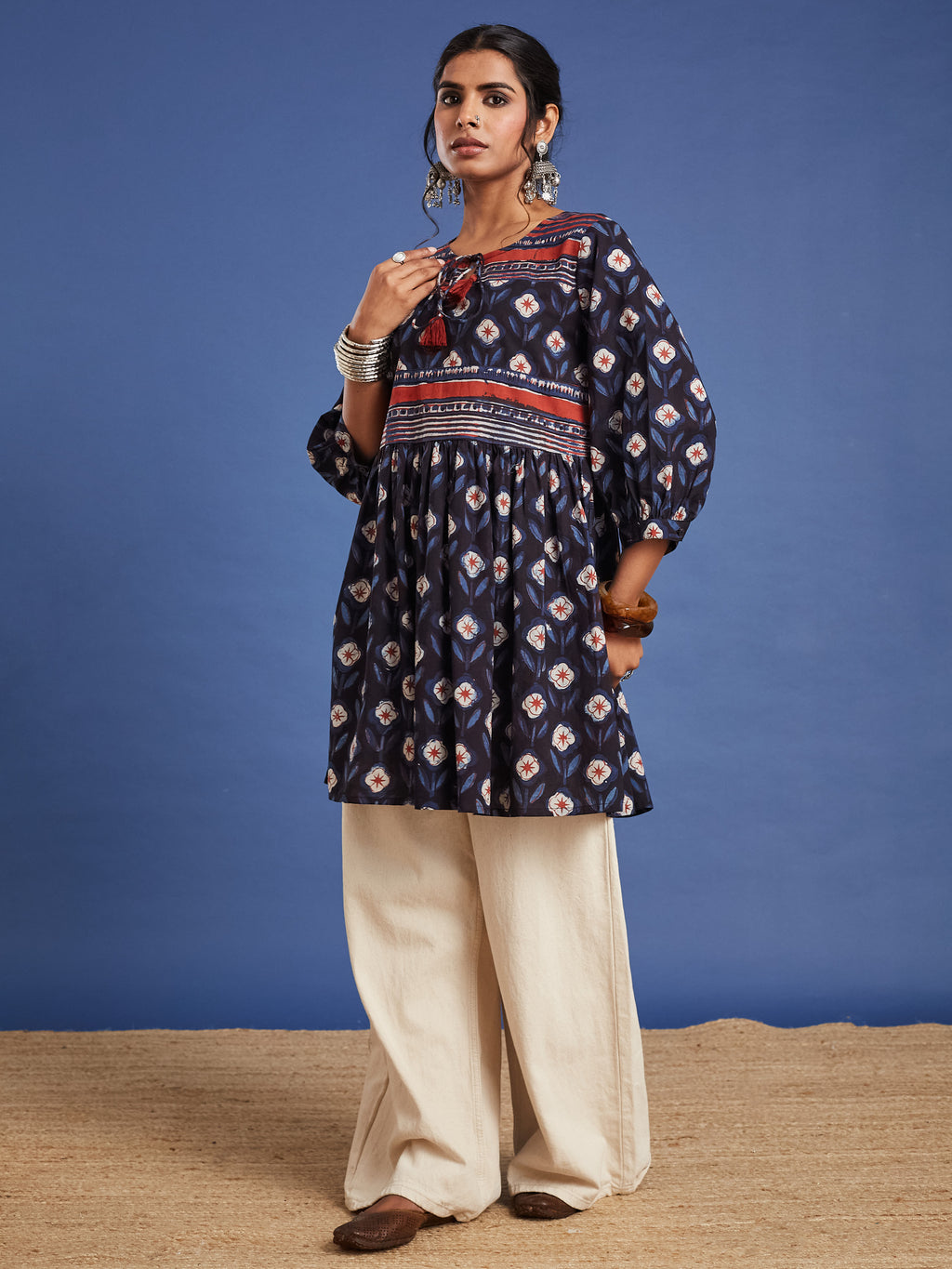 VASVI Women Cotton Block Printed Tunic, Navy Blue