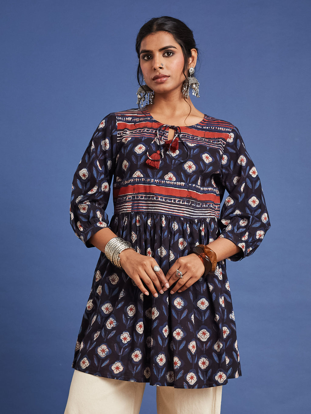 VASVI Women Cotton Block Printed Tunic, Navy Blue