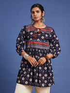 VASVI Women Cotton Block Printed Tunic, Navy Blue