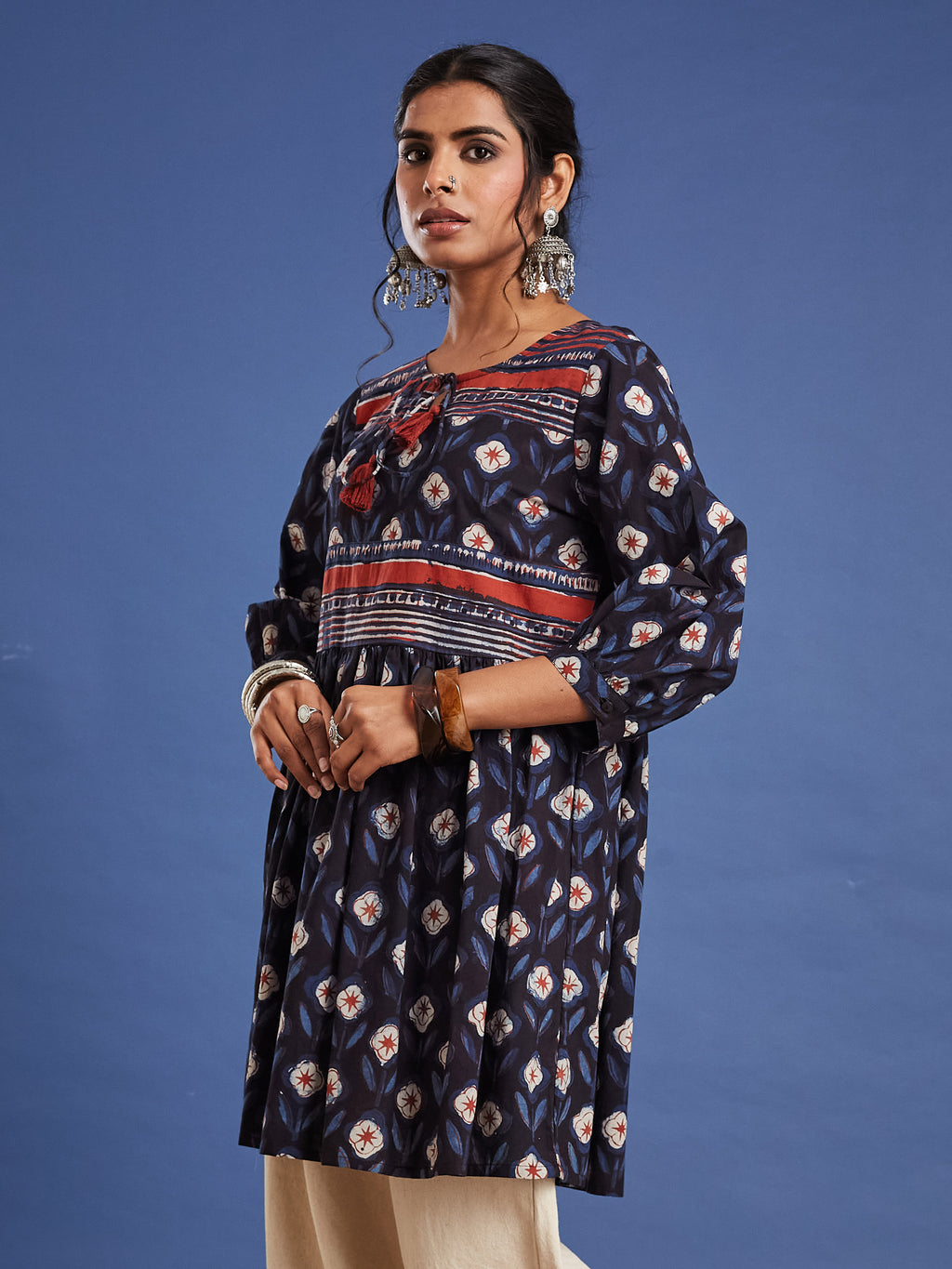 VASVI Women Cotton Block Printed Tunic, Navy Blue